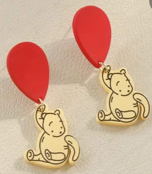 Adorable Retro Original Pooh Inspired Bear Hanging From Red Balloon Acrylic Dangle Earrings