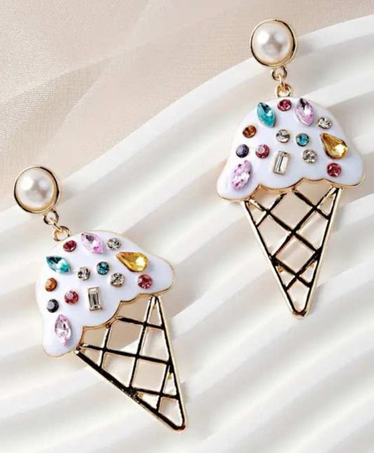 Large Sparkling Gold Plated Faux Pearl and Rhinestone Inlay Ice Cream Design Drop Dangle Earrings