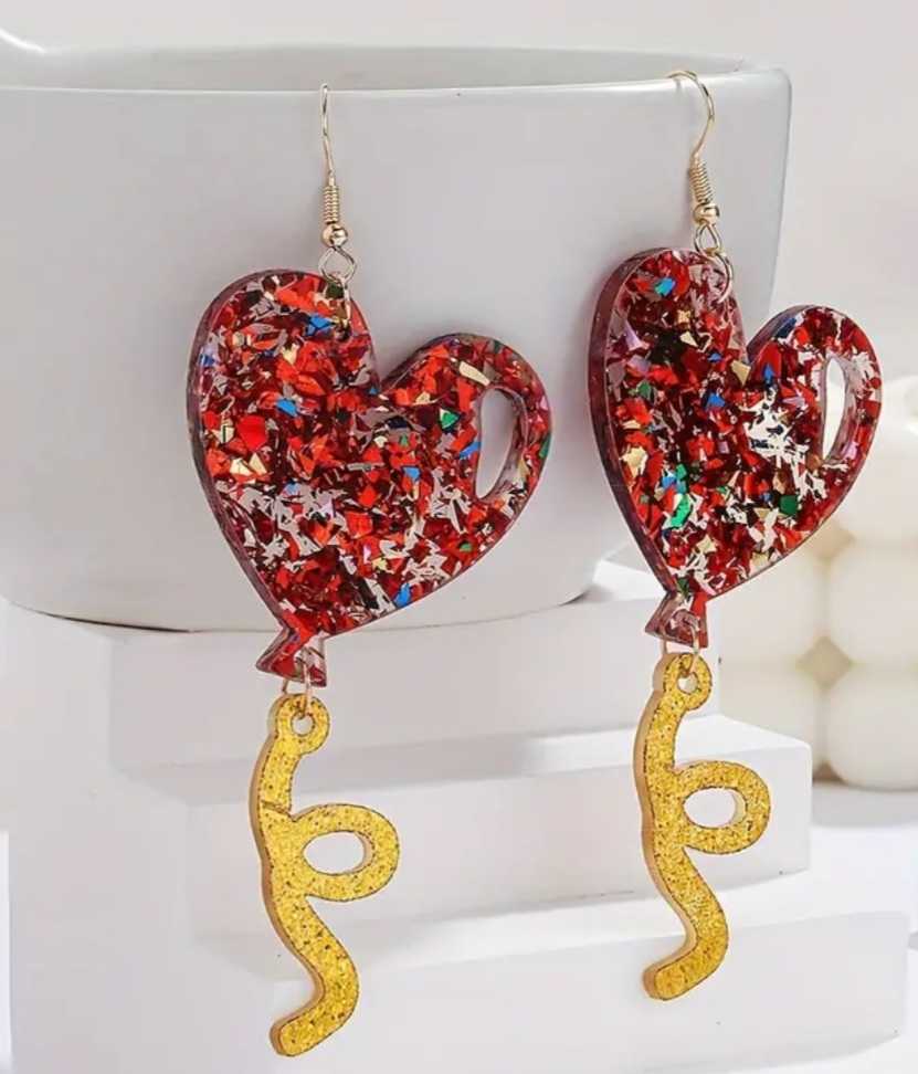 Sparkly Colourful Super Large Glitter Pieces Embedded Acrylic Heart Shaped Balloon Drop Dangle Earrings