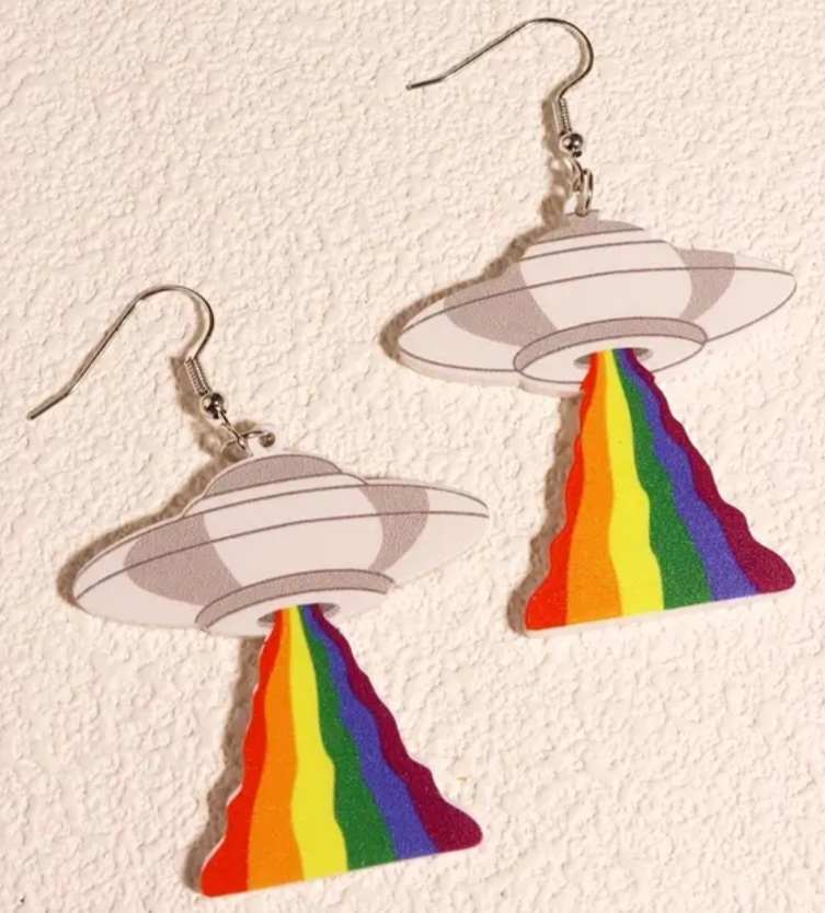 Fun Funky Large Acrylic Cartoon Graffiti UFO Spaceship Rainbow Drop Earrings