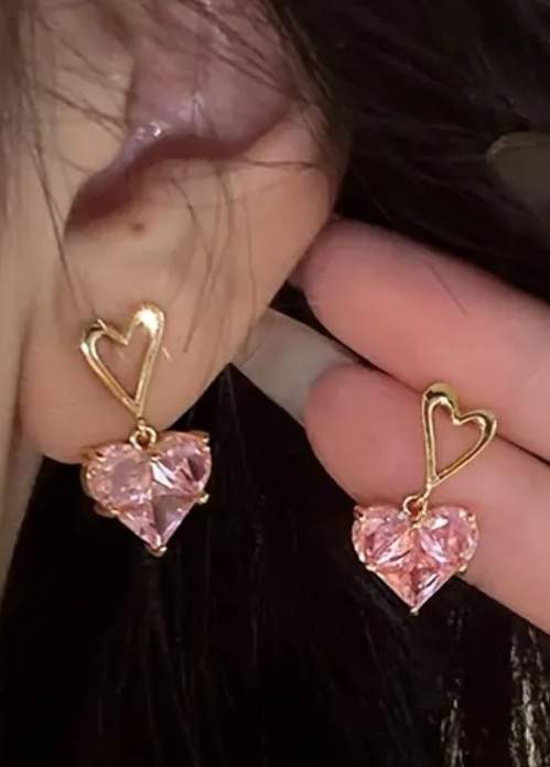 Exquisite Gold Plated Pink Crystal Rhinestone Hearts Drop Earrings And Pendant With Necklace Set