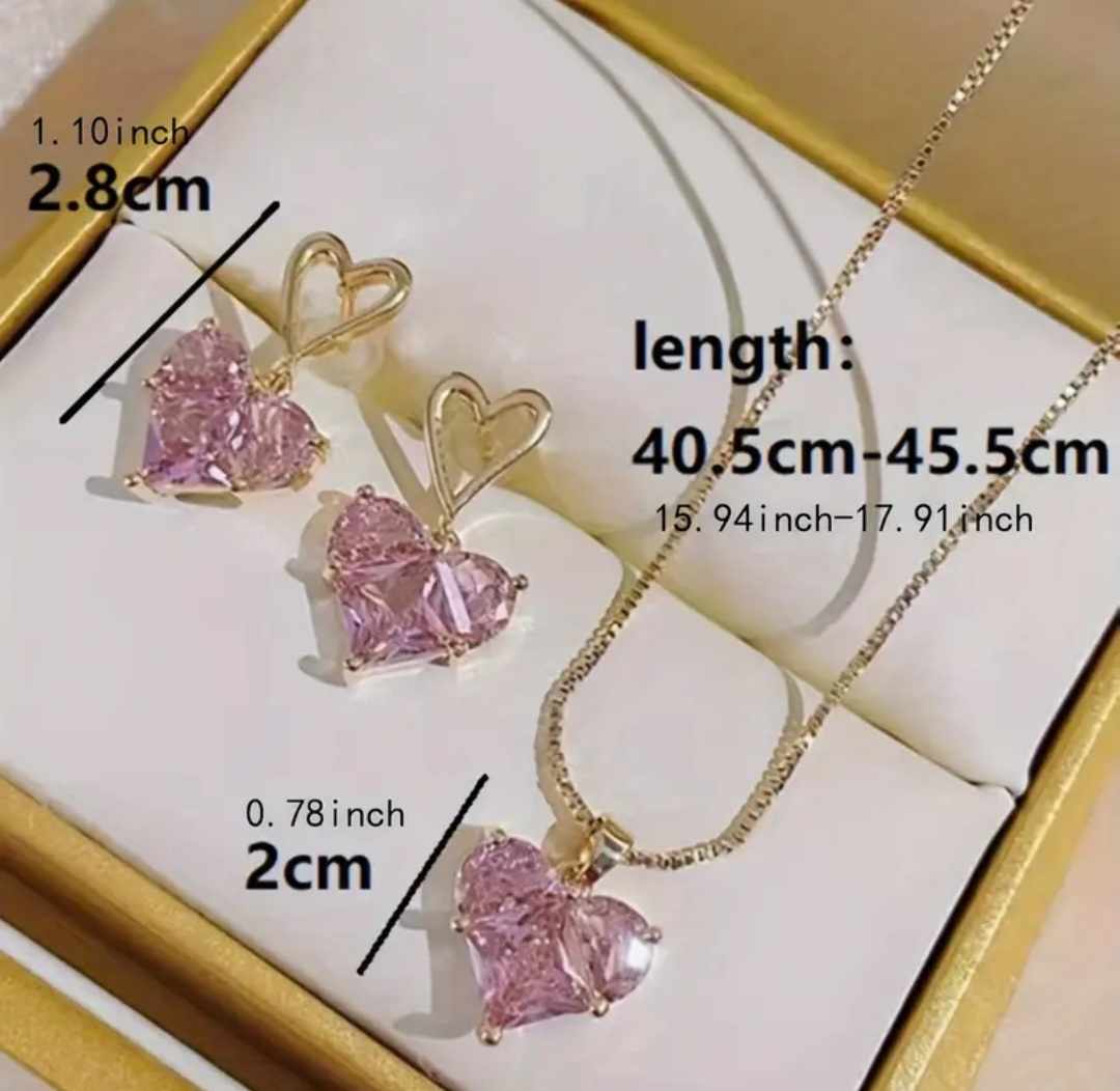 Exquisite Gold Plated Pink Crystal Rhinestone Hearts Drop Earrings And Pendant With Necklace Set