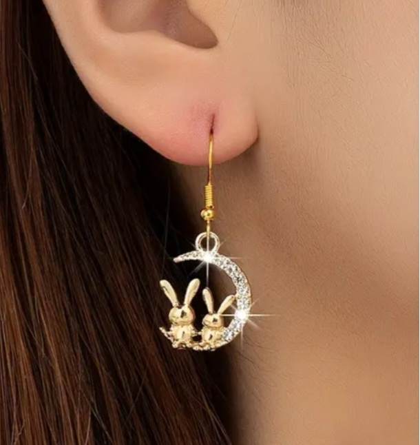 Gold Plated Pretty Sparkling Rhinestone Bunny Sitting On A Crescent Moon Dangle  Earrings