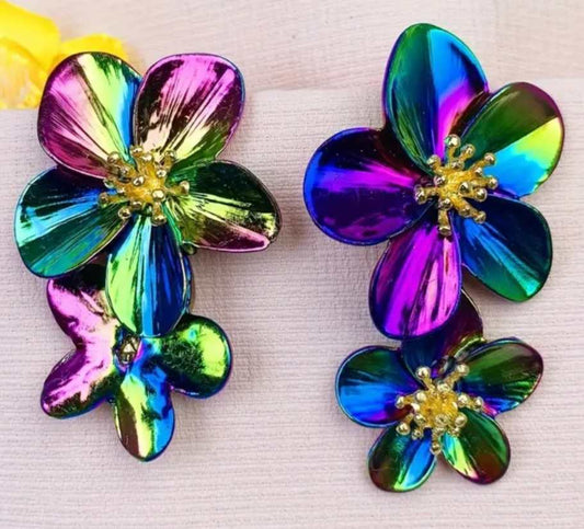 Large Super Shiny Oil Slick Multi-Coloured Metal Alloy Double Flower Dangle Drop Earrings