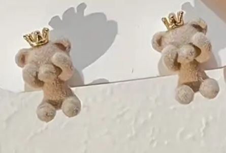 Beige Flocked Super Adorable Tiny Peek-A-Boo Teddy Bear With Gold Plated Crown Stud Earrings