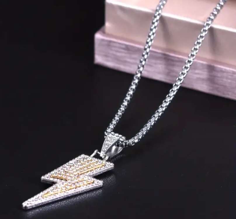 Bling Silver Tone Rhinestone Inlay Lightning Bolt Pendant On Chain