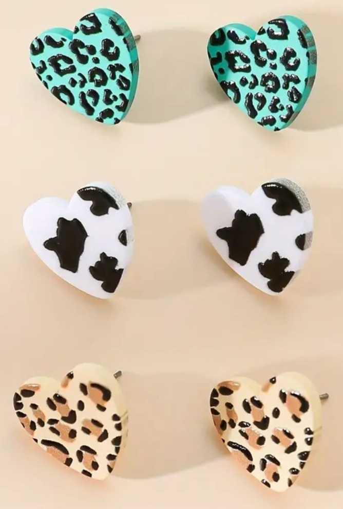 Acrylic Heart Stud Earrings Cow Print White Black Tan Green Leopard Print Design Set of 3