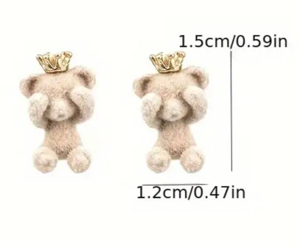 Beige Flocked Super Adorable Tiny Peek-A-Boo Teddy Bear With Gold Plated Crown Stud Earrings