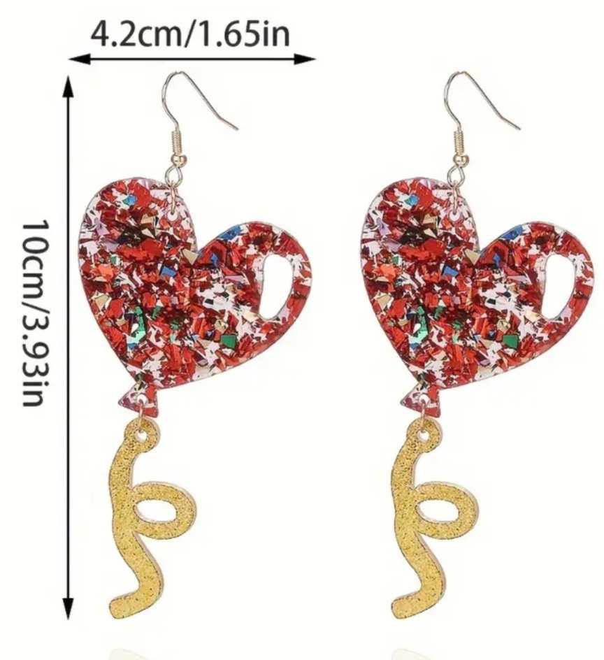 Sparkly Colourful Super Large Glitter Pieces Embedded Acrylic Heart Shaped Balloon Drop Dangle Earrings