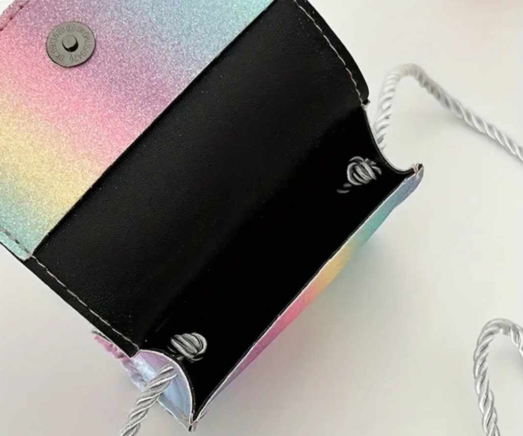 Adorable Kawaii Cute Mini Sparkle Rainbow Rabbit Bunny PU Vegan Leather Hand Bag Purse With Silver Rope Strap