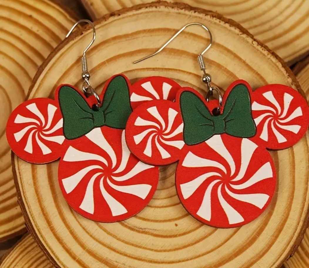 Cute Christmas Festive Minnie Mouse Inspired Peppermint Candy Design Wood Dangle Earrings