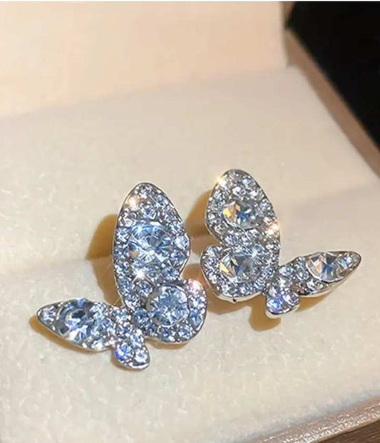 Pretty Sparkling Rhinestone Silver Tone Angled Butterfly Stud Earrings