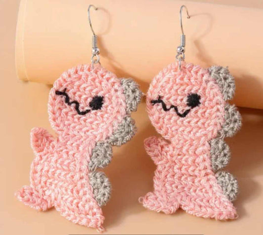 Adorable Large Unique Knitted Braided Sewn Hemp Rope Pink Dinosaur Super Lightweight Dangle Earrings