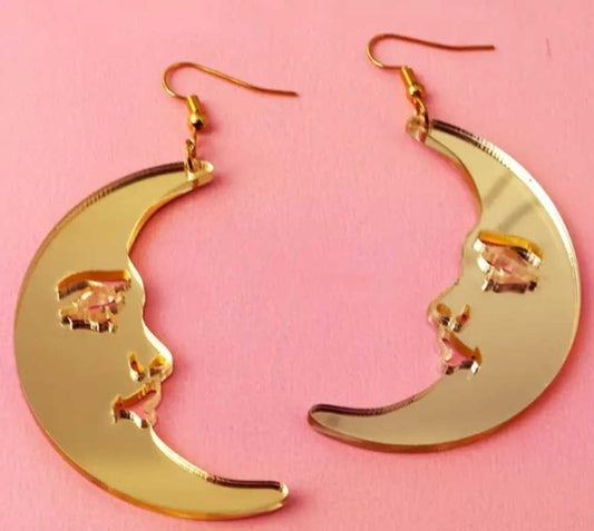 Super Large Gold Colour Mirror Finish Acrylic Crescent Moons With Smiley Faces Drop Earrings