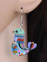 Gorgeous Colourful Medium Size Bright Fun  Acrylic Bird Pheasant With Flowers Dangle Earrings