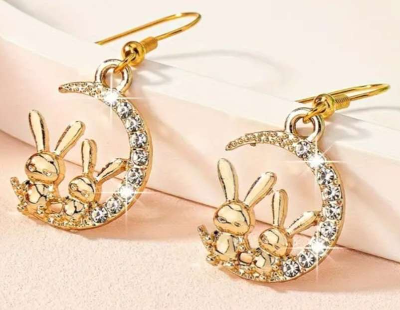 Gold Plated Pretty Sparkling Rhinestone Bunny Sitting On A Crescent Moon Dangle  Earrings