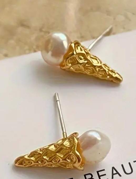 Gold Plated Faux Pearl Ice Cream Design Studs