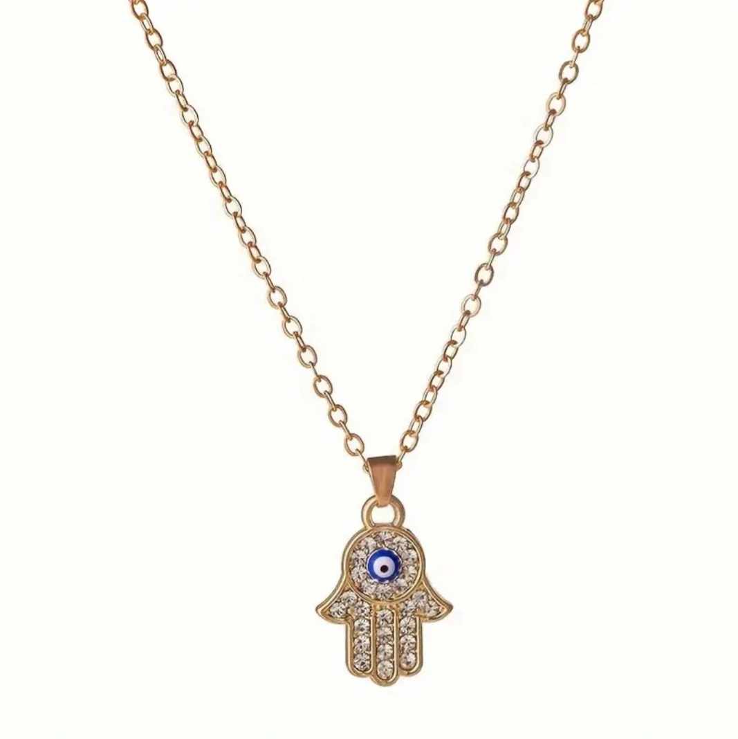 Dainty Gold Plated Rhinestone Inlay Evil Eye Hand Hamsa Good Luck Protection Pendant Necklace