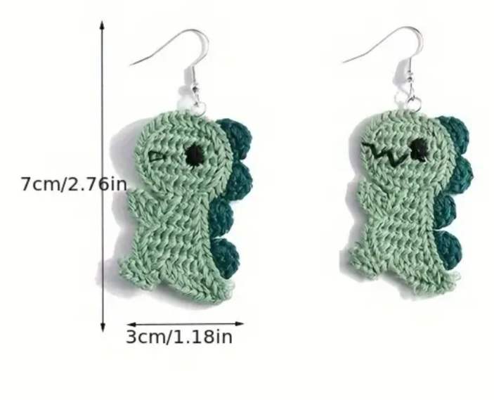 Adorable Large Unique Knitted Braided Sewn Hemp Rope Green Dinosaur Super Lightweight Dangle Earrings