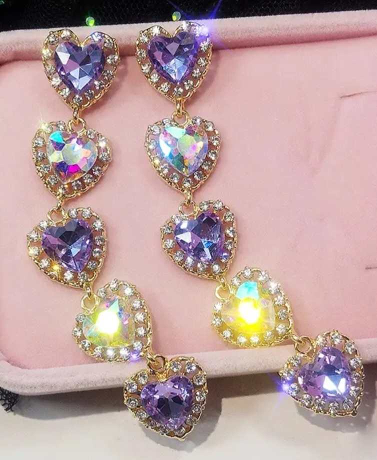 Sparkle Bling Extra Long Lilac Purple Rhinestone Inlay Heart Gold Plated Drop Earrings