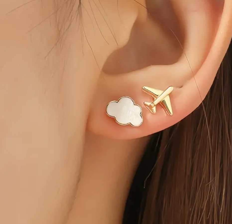 Come Fly With Me Holiday Vacation Gold Plated Cute Little Aeroplane Cloud Plane Stud Earrings