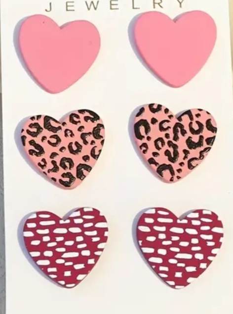 Acrylic Heart Stud Earrings Pink Black Rose Red Leopard And Dash Print Design Set Of 3