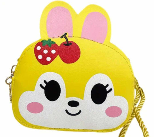 Kawaii Children's Cute Yellow Bunny Rabbit Small PU Faux Vegan Leather Coin Purse Shoulder Bag With Cord Strap