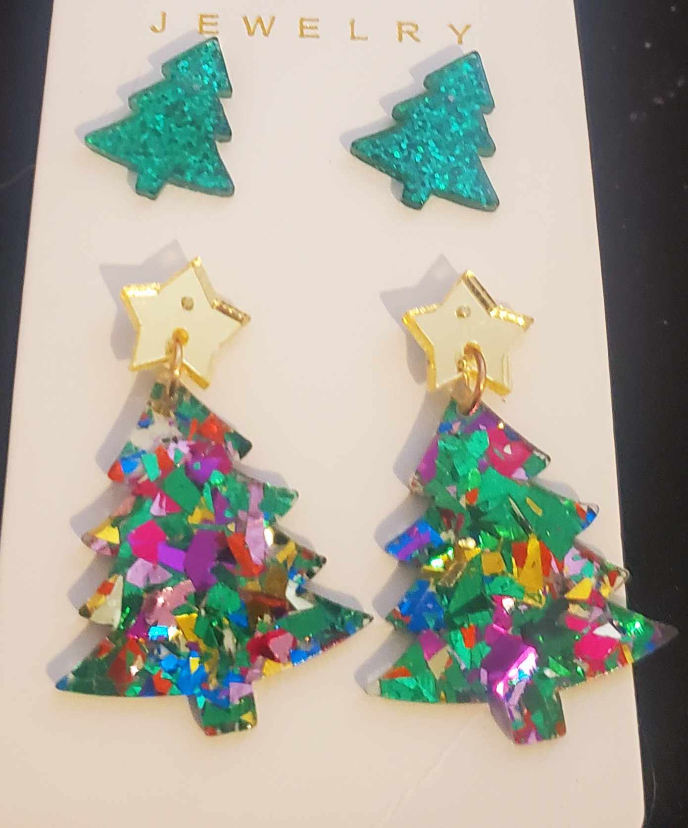 Set of 2 Sparkle Glitter Green Acrylic Dangle Christmas Tree Festive Dangle Earrings and Studs