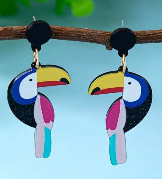 Colourful Glittery Acrylic  Toucan Parrot Design Drop Dangle Earrings