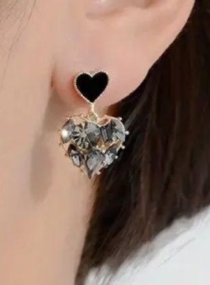 Small Gold Tone Black Rhinestone Inlayed Heart Drop Earrings