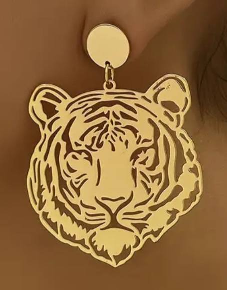 Bold Giant Shiny Lazer Cut Gold Plated Super Lightweight Tiger Head Design Drop Earrings