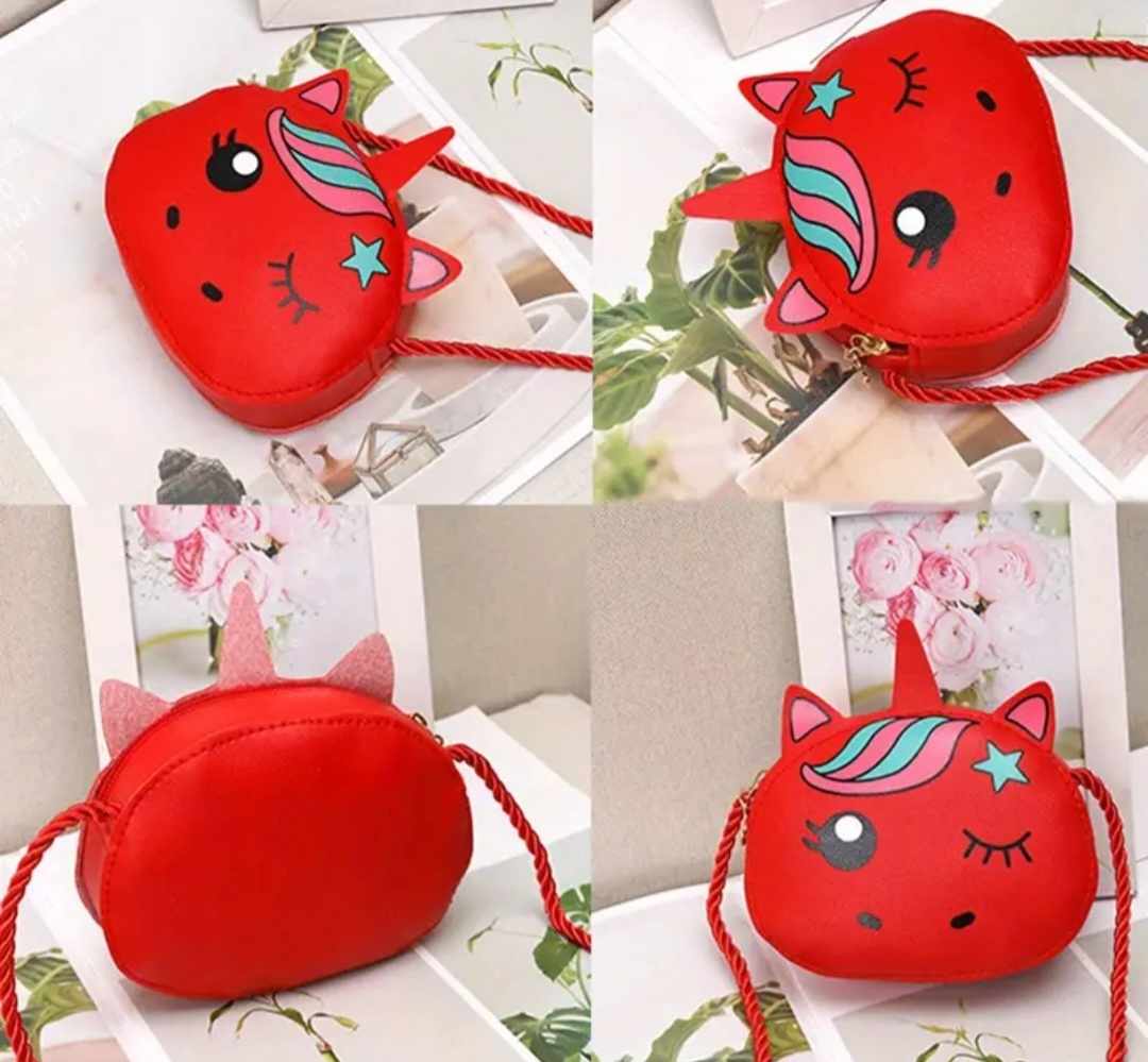 Kawaii Children's Cute Red Unicorn Small PU Faux Vegan Leather Coin Purse Shoulder Bag With Cord Strap