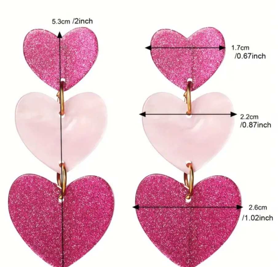 Sweet Acrylic Triple PInk Gradiant Glitter Heart Dangle Drop Earrings