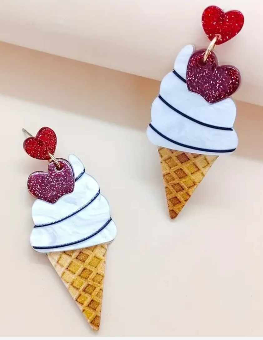 Large Lightweight Cute Kawaii  Acrylic Glitter Sparkle Heart Cherry Ice Cream Dangle Earrings