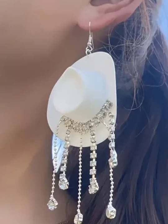 Acrylic White Western Cowboy Cowgirl Hat With Rhinestone Dangle Embellishments Drop Earrings