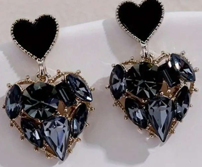 Small Gold Tone Black Rhinestone Inlayed Heart Drop Earrings