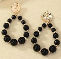 Large Gold Plated Metal With Acrylic Black Beads Circle Large Ring Style Drop Dangle Earrings