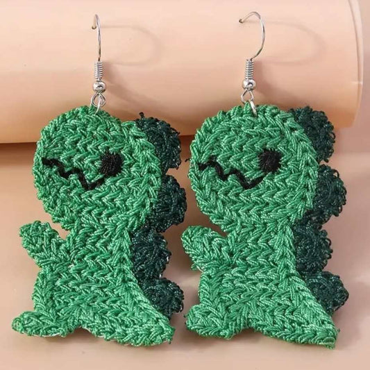 Adorable Large Unique Knitted Braided Sewn Hemp Rope Green Dinosaur Super Lightweight Dangle Earrings