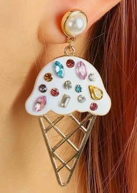 Large Sparkling Gold Plated Faux Pearl and Rhinestone Inlay Ice Cream Design Drop Dangle Earrings