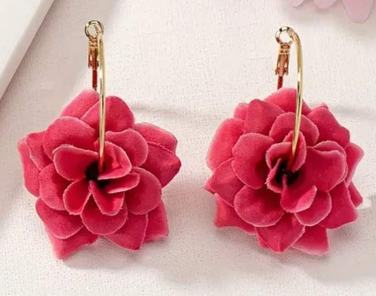 Fabric Blush Rose Red Pink Large Flower On Gold Plated Hoop Earrings