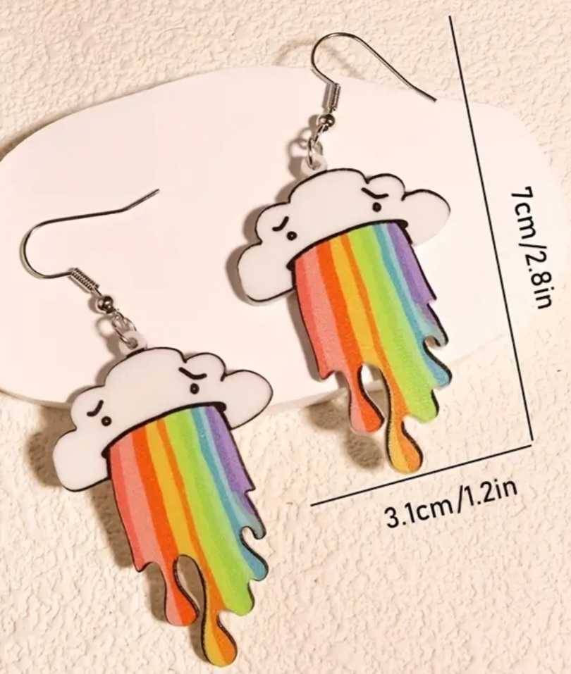 Fun Funky Large Acrylic Cartoon  Graffiti Design Cloud Rainbow Drop Earrings