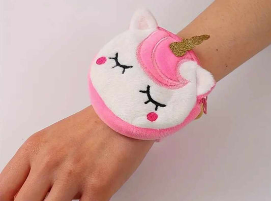 Kawaii Children's Cute Pink Plush Fluffy Unicorn Face Small Coin Purse With Snap-back Wrist Strap