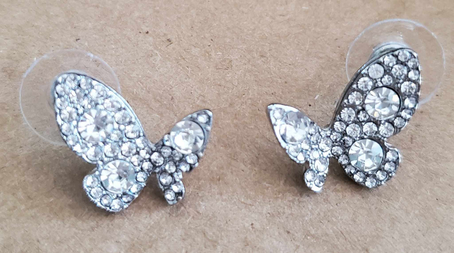 Pretty Sparkling Rhinestone Silver Tone Angled Butterfly Stud Earrings