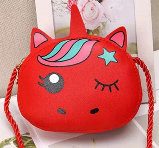 Kawaii Children's Cute Red Unicorn Small PU Faux Vegan Leather Coin Purse Shoulder Bag With Cord Strap