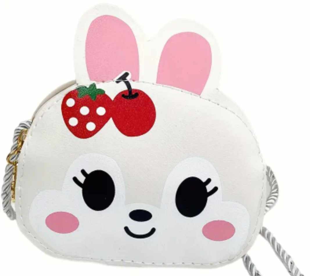 Kawaii Children's Cute White Bunny Rabbit Small PU Vegan Faux Leather Coin Purse Shoulder Bag With Cord Strap