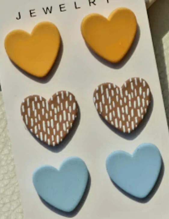 Acrylic Heart Stud Earrings Sunshine Yellow Dusty Blue Tan And Dash Print Design Set Of 3