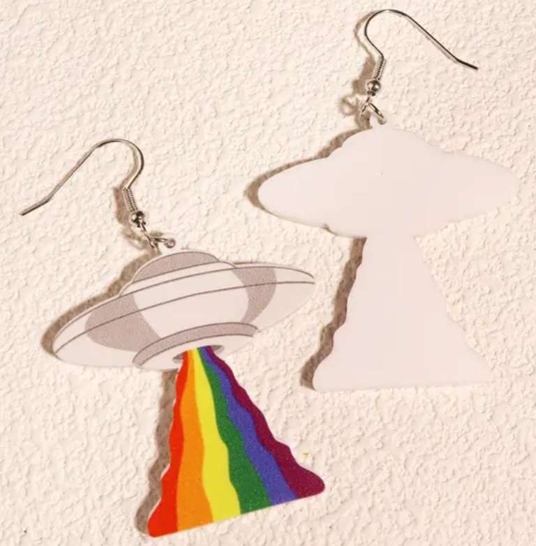 Fun Funky Large Acrylic Cartoon Graffiti UFO Spaceship Rainbow Drop Earrings