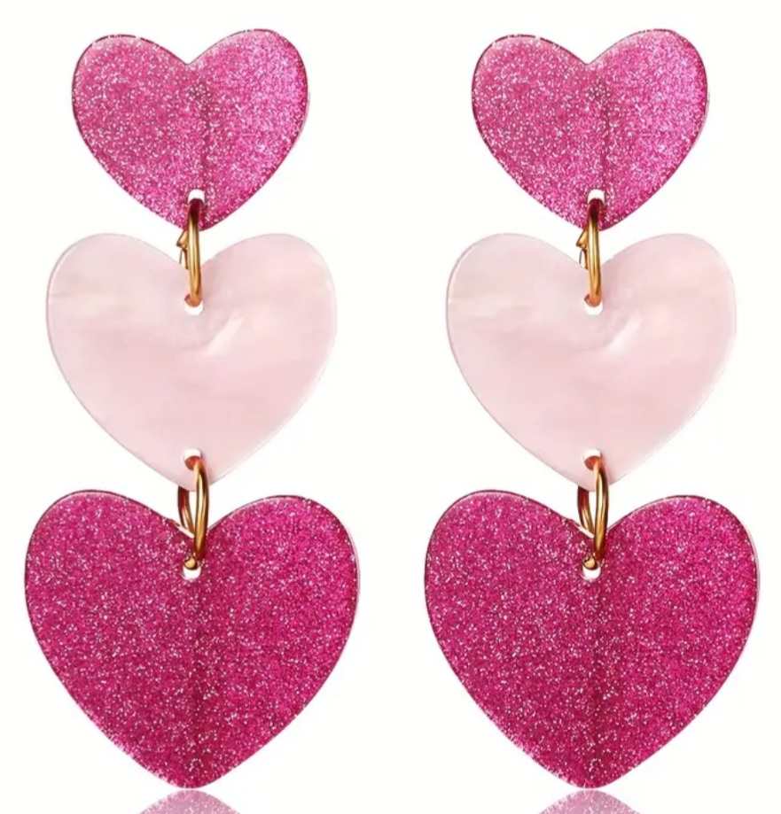 Sweet Acrylic Triple PInk Gradiant Glitter Heart Dangle Drop Earrings