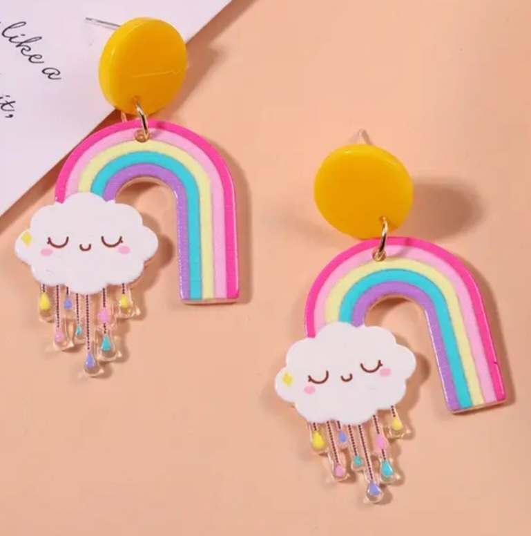 Cute Bright Large Acrylic Cartoon Kawaii Smiley Face Cloud Rainbow Drop Earrings