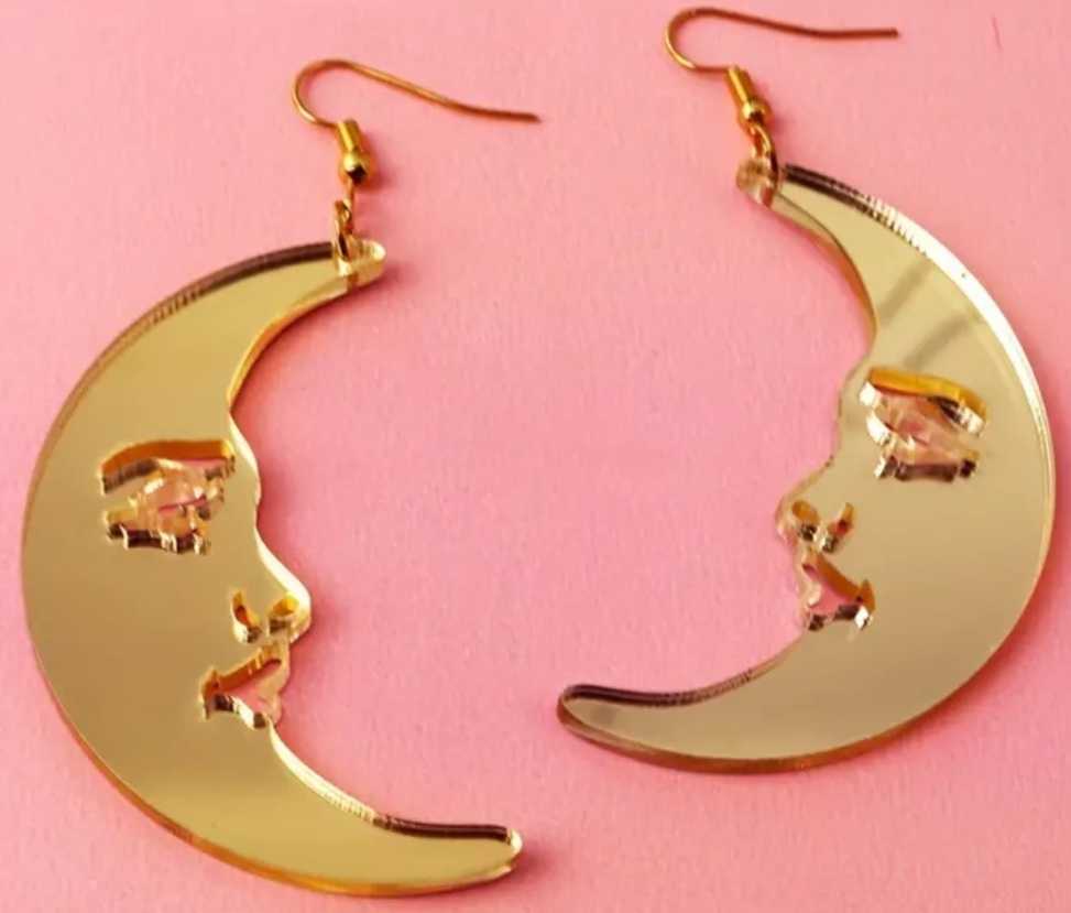 Super Large Gold Colour Mirror Finish Acrylic Crescent Moons With Smiley Faces Drop Earrings